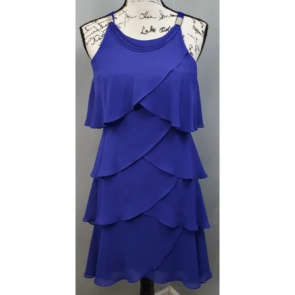 SLNY by Fashions New York Tiered Chiffon Dress Women Petite Blue Brooch Straps